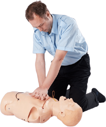 A mannequin is being dressed with a dummy for CPR training.